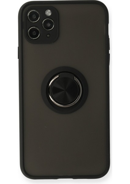 iPhone 11 Pro Max Kılıf Standlı Yüzüklü Buzlu Tasarım Arka Kapak - Siyah