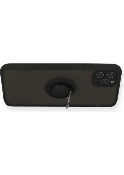iPhone 11 Pro Max Kılıf Standlı Yüzüklü Buzlu Tasarım Arka Kapak - Siyah