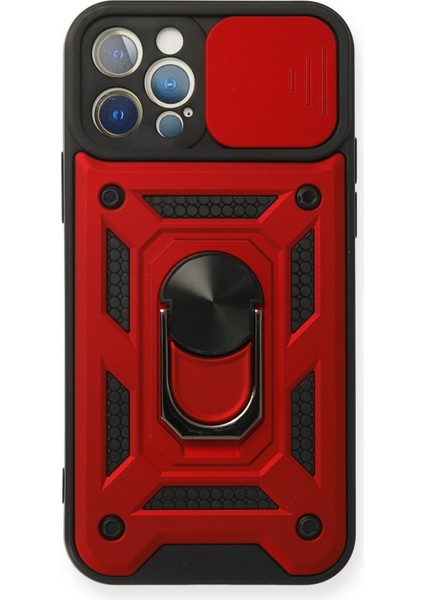 iPhone 12 Pro Kılıf Kamera Korumalı Sürgülü Yüzüklü Armor Military Zırh Tank - Kırmızı