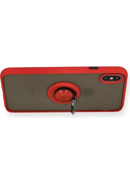 iPhone Xs Max Kılıf Standlı Yüzüklü Buzlu Tasarım Arka Kapak - Kırmızı