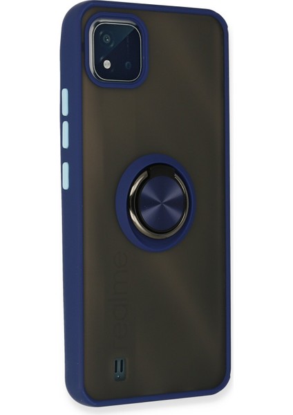 Realme C11 2021 Kılıf Standlı Yüzüklü Buzlu Tasarım Arka Kapak - Lacivert modelleri