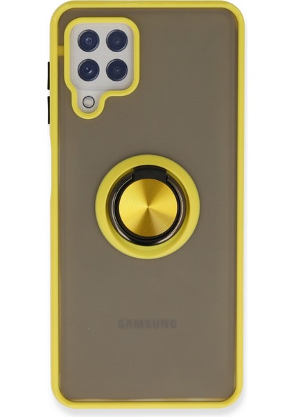 Samsung Galaxy M32 Kılıf Standlı Yüzüklü Buzlu Tasarım Arka Kapak - Sarı