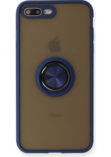iPhone 8 Plus Kılıf Standlı Yüzüklü Buzlu Tasarım Arka Kapak - Lacivert