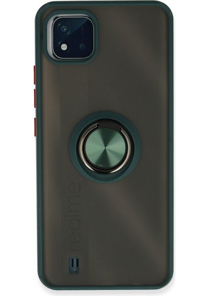 Realme C11 2021 Kılıf Standlı Yüzüklü Buzlu Tasarım Arka Kapak - Yeşil