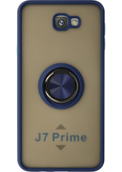 Samsung Galaxy J7 Prime Kılıf Standlı Yüzüklü Buzlu Tasarım Arka Kapak - Lacivert