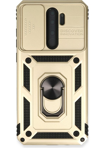 Xiaomi Redmi Note 8 Pro Kılıf Kamera Korumalı Sürgülü Yüzüklü Armor Military Zırh Tank - Gold