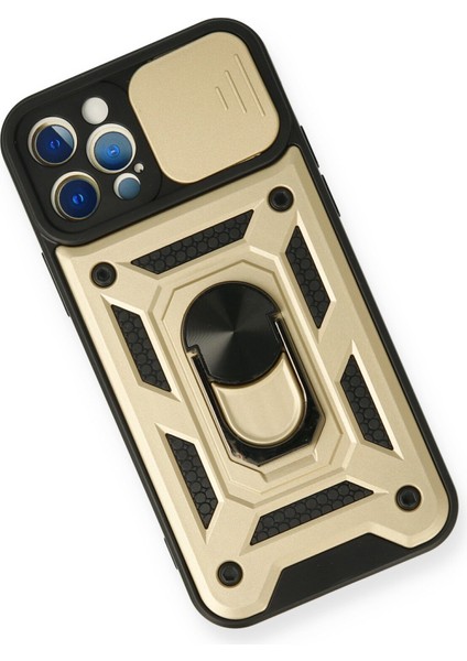 iPhone 12 Pro Kılıf Kamera Korumalı Sürgülü Yüzüklü Armor Military Zırh Tank - Gold modelleri
