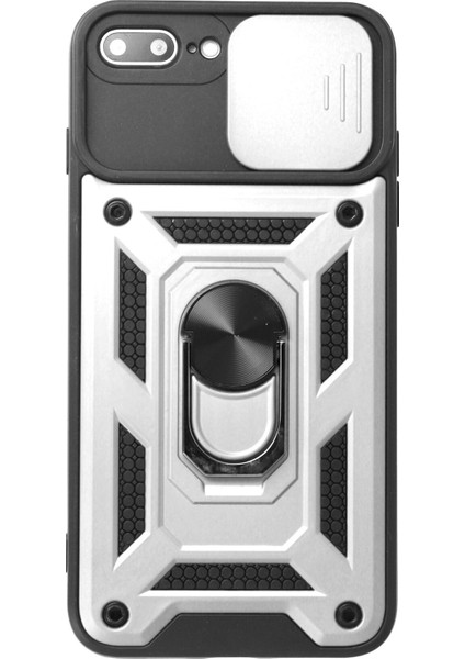 iPhone 7 Plus Kılıf Kamera Korumalı Sürgülü Yüzüklü Armor Military Zırh Tank - Gümüş