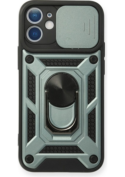 iPhone 12 Kılıf Kamera Korumalı Sürgülü Yüzüklü Armor Military Zırh Tank - Yeşil