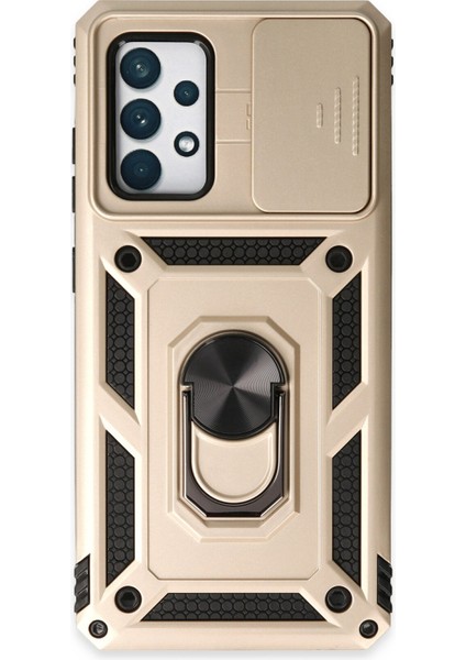 Samsung Galaxy A72 Kılıf Kamera Korumalı Sürgülü Yüzüklü Armor Military Zırh Tank - Gold