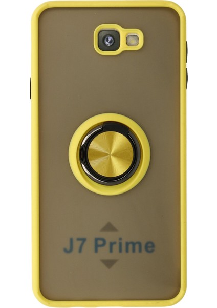 Samsung Galaxy J7 Prime Kılıf Standlı Yüzüklü Buzlu Tasarım Arka Kapak - Sarı