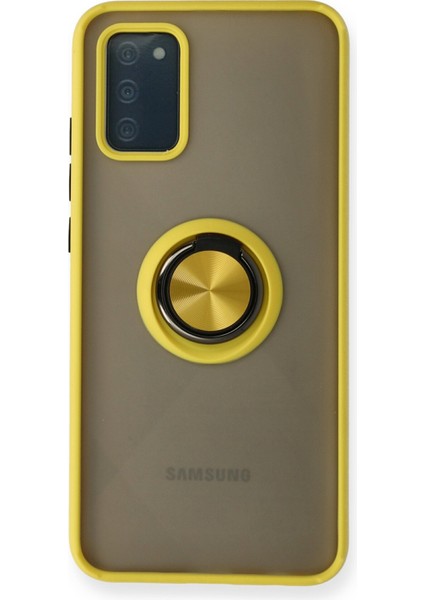 Samsung Galaxy A02S Kılıf Standlı Yüzüklü Buzlu Tasarım Arka Kapak - Sarı