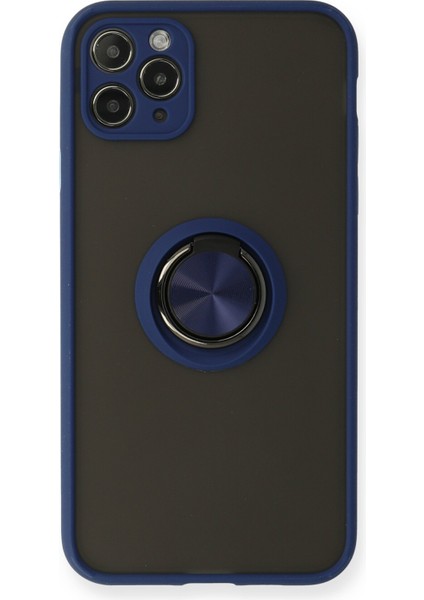 iPhone 11 Pro Kılıf Standlı Yüzüklü Buzlu Tasarım Arka Kapak - Lacivert