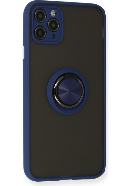 iPhone 11 Pro Kılıf Standlı Yüzüklü Buzlu Tasarım Arka Kapak - Lacivert