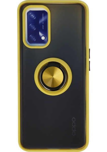 Oppo A74 4g Kılıf Standlı Yüzüklü Buzlu Tasarım Arka Kapak - Sarı