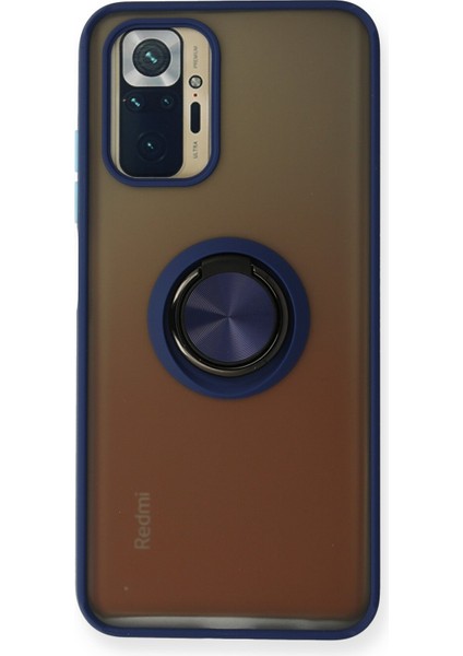 Xiaomi Redmi Note 10S Kılıf Standlı Yüzüklü Buzlu Tasarım Arka Kapak - Lacivert