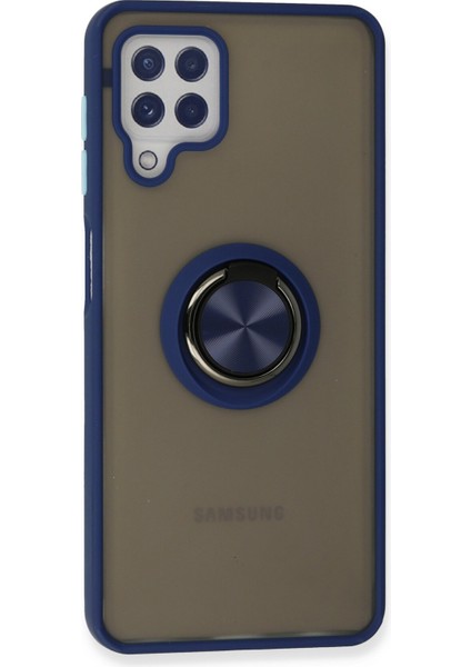 Samsung Galaxy M32 Kılıf Standlı Yüzüklü Buzlu Tasarım Arka Kapak - Lacivert modelleri