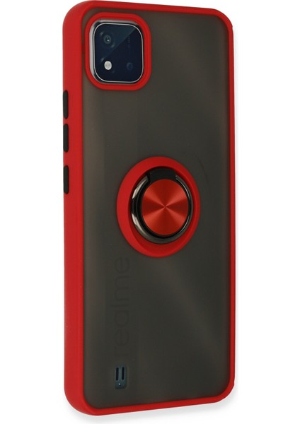 Realme C11 2021 Kılıf Standlı Yüzüklü Buzlu Tasarım Arka Kapak - Kırmızı modelleri