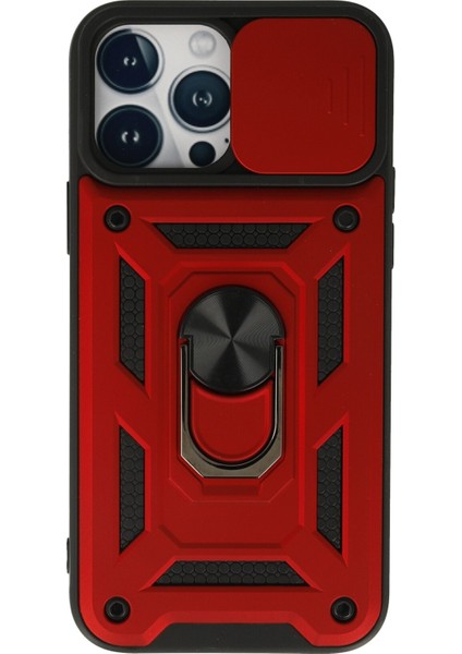 iPhone 13 Pro Kılıf Kamera Korumalı Sürgülü Yüzüklü Armor Military Zırh Tank - Kırmızı