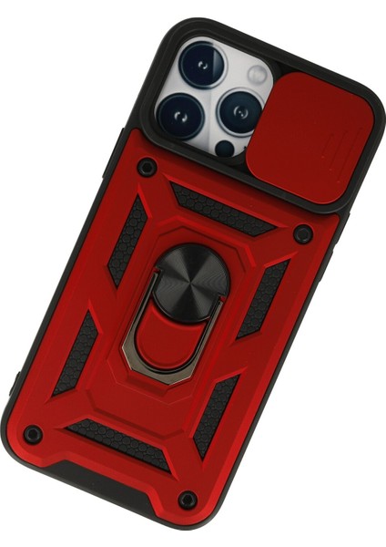 iPhone 13 Pro Kılıf Kamera Korumalı Sürgülü Yüzüklü Armor Military Zırh Tank - Kırmızı