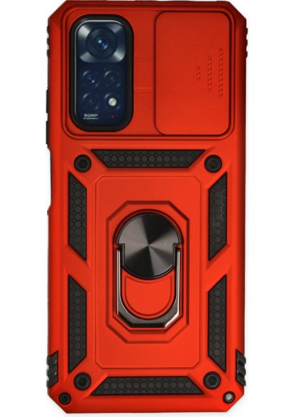 Xiaomi Redmi Note 11S Kılıf Kamera Korumalı Sürgülü Yüzüklü Armor Military Zırh Tank - Kırmızı
