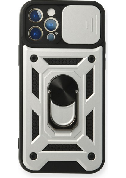 iPhone 12 Pro Kılıf Kamera Korumalı Sürgülü Yüzüklü Armor Military Zırh Tank - Gümüş