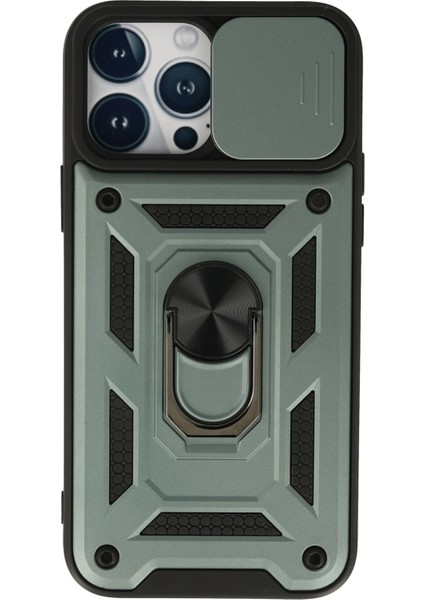 iPhone 13 Pro Max Kılıf Kamera Korumalı Sürgülü Yüzüklü Armor Military Zırh Tank - Yeşil