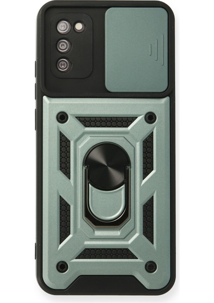 Samsung Galaxy A02S Kılıf Kamera Korumalı Sürgülü Yüzüklü Armor Military Zırh Tank - Yeşil