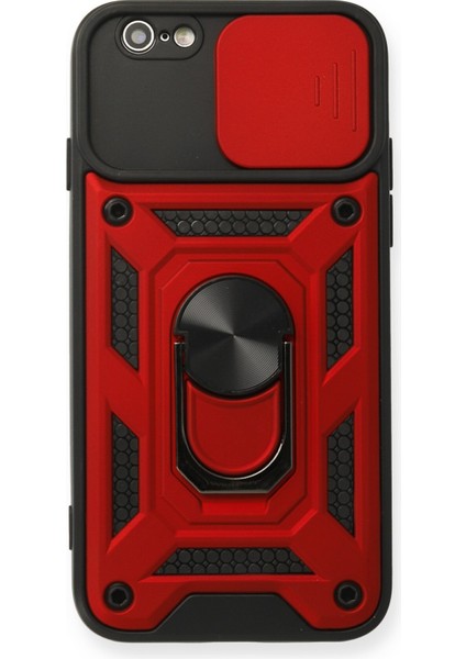 iPhone 6 Kılıf Kamera Korumalı Sürgülü Yüzüklü Armor Military Zırh Tank - Kırmızı