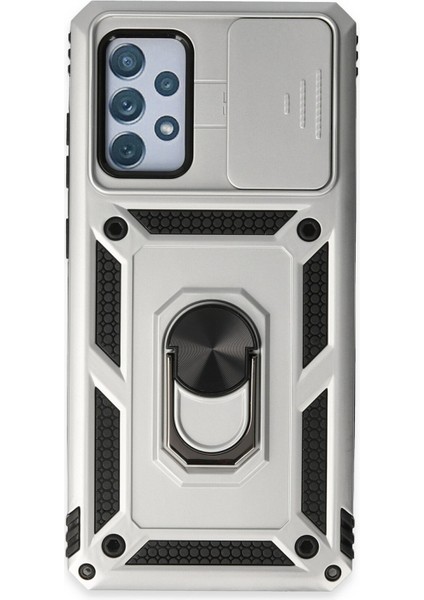 Samsung Galaxy A72 Kılıf Kamera Korumalı Sürgülü Yüzüklü Armor Military Zırh Tank - Gümüş