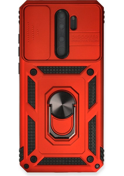 Xiaomi Redmi Note 8 Pro Kılıf Kamera Korumalı Sürgülü Yüzüklü Armor Military Zırh Tank - Kırmızı