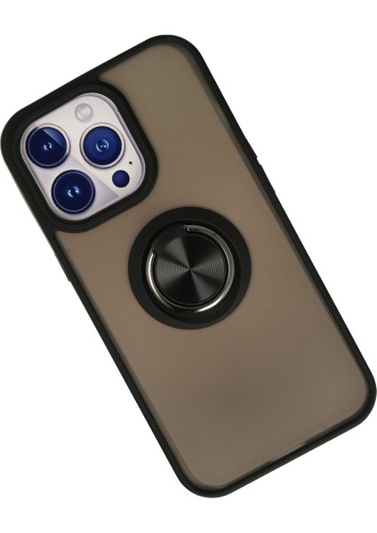 iPhone 13 Pro Max Kılıf Standlı Yüzüklü Buzlu Tasarım Arka Kapak - Siyah