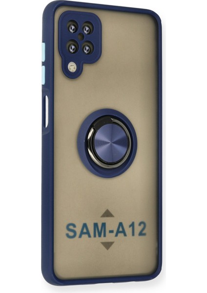 Samsung Galaxy A12 Kılıf Standlı Yüzüklü Buzlu Tasarım Arka Kapak - Lacivert fiyatları