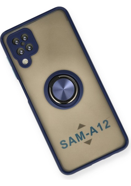 Samsung Galaxy A12 Kılıf Standlı Yüzüklü Buzlu Tasarım Arka Kapak - Lacivert modelleri