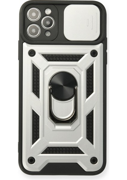 iPhone 11 Pro Max Kılıf Kamera Korumalı Sürgülü Yüzüklü Armor Military Zırh Tank - Gümüş