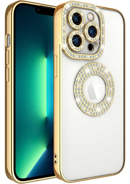 Iphone 13 Pro Max  Uyumlu Kılıf Kamera Lens Korumalı Kristal Parlak Gbox Taşlı Halkalı Lens Çerceveli Pırlanta Lüx Bayan Case Gösterişli Arkası Şeffaf Kenar Parlak