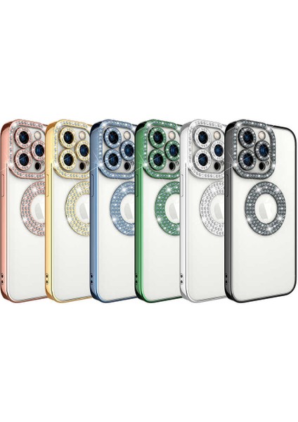 Iphone 13 Pro Max  Uyumlu Kılıf Kamera Lens Korumalı Kristal Parlak Gbox Taşlı Halkalı Lens Çerceveli Pırlanta Lüx Bayan Case Gösterişli Arkası Şeffaf Kenar Parlak