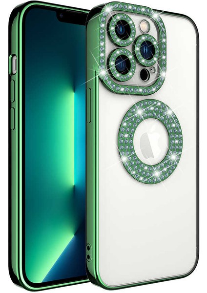 Iphone 13 Pro  Uyumlu Kılıf Kamera Lens Korumalı Kristal Parlak Gbox Taşlı Halkalı Lens Çerceveli Pırlanta Lüx Bayan Case Gösterişli Arkası Şeffaf Kenar Parlak