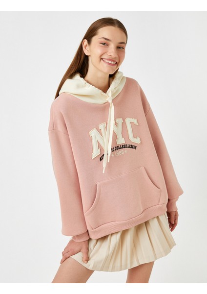 Oversize Kolej Sweatshirt Kapüşonlu Cepli Baskılı