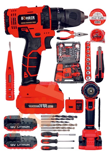 Böhr 58V 5AH Darbeli Metal Şanzıman 32 Parça Full Set Red Çift Akülü Şarjlı Vidalama Matkap