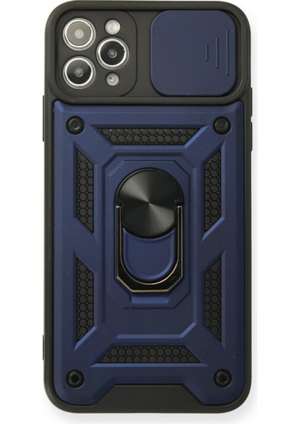 iPhone 11 Pro Max Kılıf Kamera Korumalı Sürgülü Yüzüklü Armor Military Zırh Tank - Lacivert