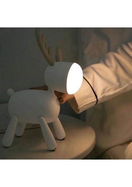 Göz Koruma Başucu Lambası USB Şarj Fonksiyonu ile Karikatür Elk Gece Lambası (Beyaz) (Yurt Dışından)