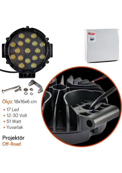 10-30V Off-Road Projektör 17 LED 18 cm 51W Yuvarlak Siyah BR4203216