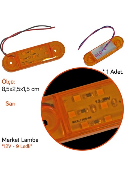 12V Side Marker Lamba 9 Ledli Sarı 8,5x2,5 cm TAS.018S-12 (2 Li)