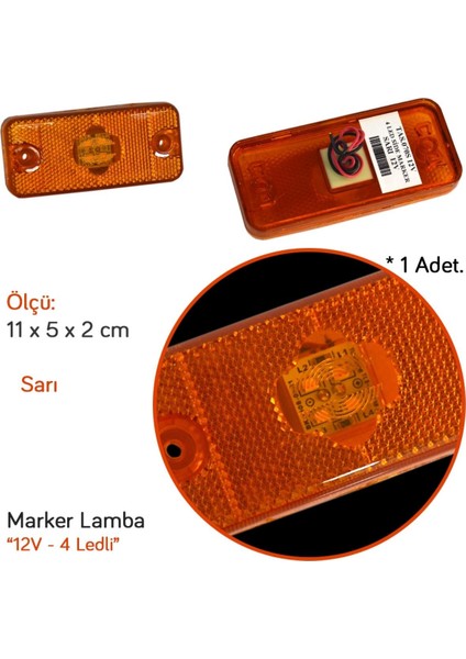 12V Side Marker Lamba 4 Ledli Sarı Braketsiz 11X5 cm (Boxer-Jumper-Ducato) TAS.070S-12 (2 Li)