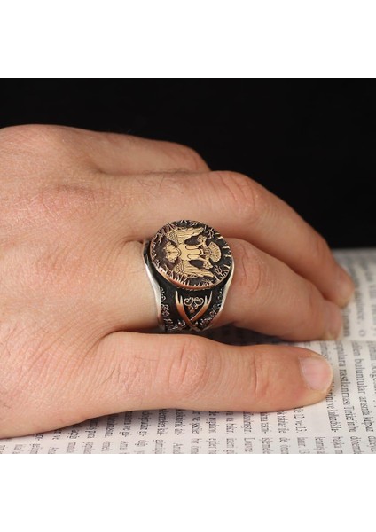 925 Ayar Gümüş Çift Başlı Selçuklu Kartalı Yüzük Kral Bileklik Set fırsatları