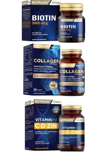 Beauty Collagen Gold 30 Tablet, Vitamin Max C-D-Zinc 60 Tablet, Biotin 5000 Mcg 30 Tablet
