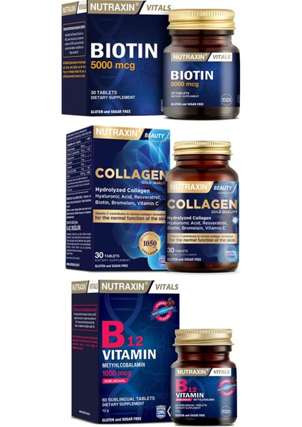 Beauty Collagen Gold 30 Tablet, Biotin 5000 Mcg 30 Tablet, B12 Vitamini 60 Dilalti Tablet