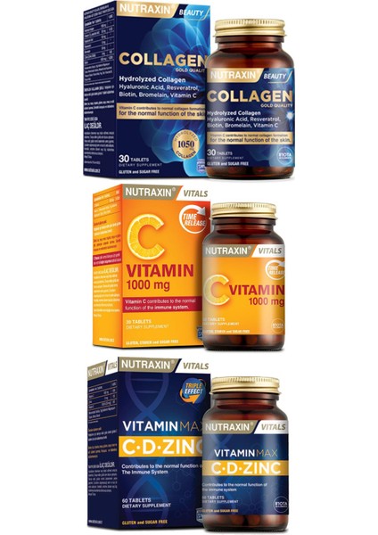 C Vitamini 1000 Mg 30 Tablet, Vitamin Max C-D-Zinc 60 Tablet, Beauty Collagen Gold 30 Tablet