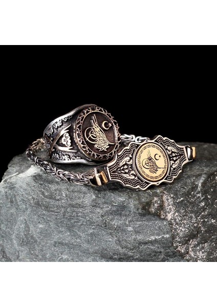 925 Ayar Gümüş Osmanlı Tuğra Motifli Yüzük Kral Bileklik Set fırsatları